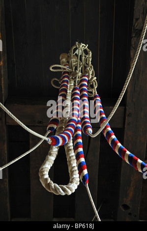 Bell ropes in St. Mary`s Church, Turville, Buckinghamshire, England, UK Stock Photo